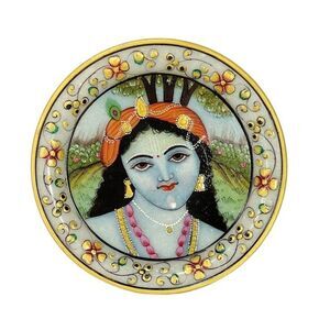 Vintage Rahad Krishna Hand Painted Marble Moriage Decorative Miniature Plate